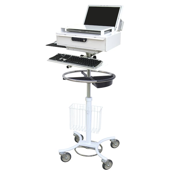 Medical Grade All-in-One Computer Stand W 10' Cord Reel & Med Drawer
